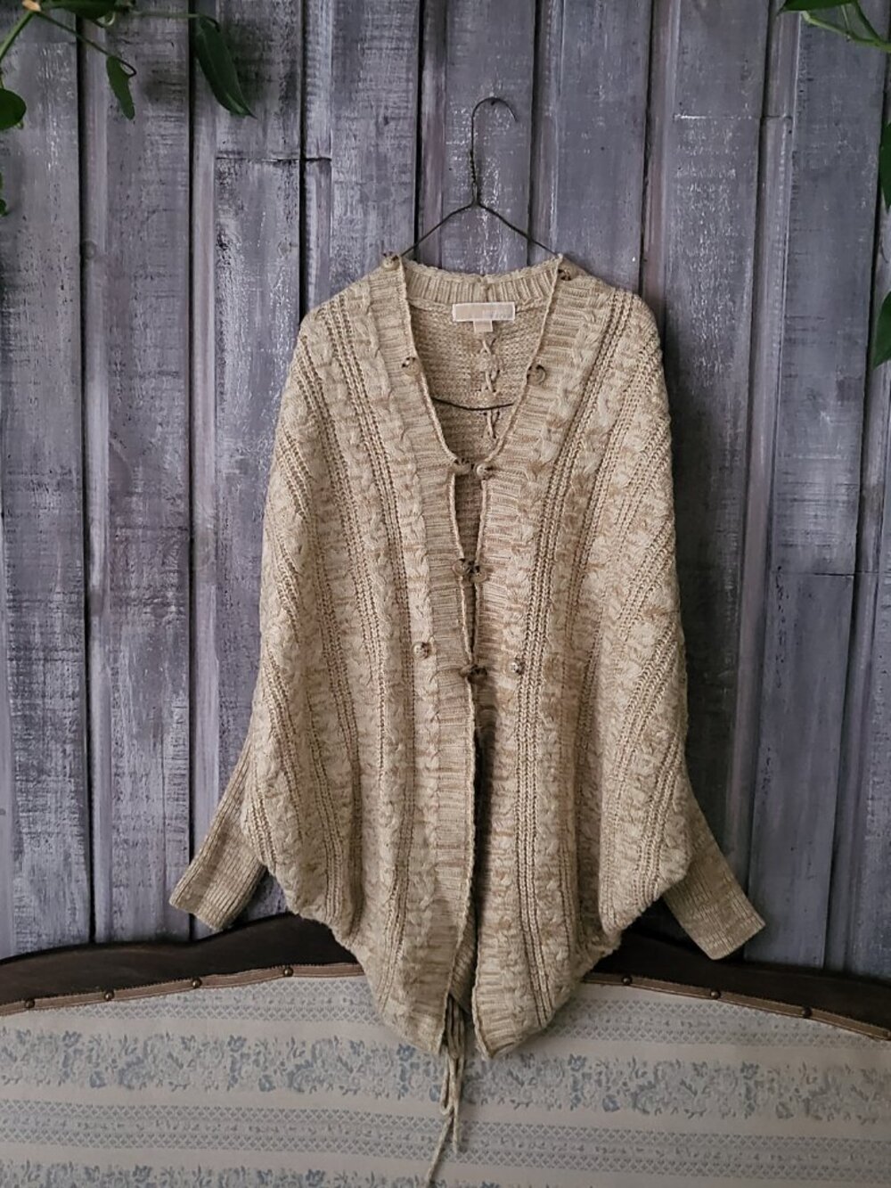Michael Kors Cable Knit Lace Up Back Batwing Shrug Cardigan Poncho S Tan